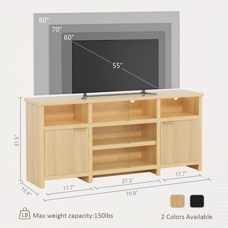 Gyomojoy 71" LED Farmhouse TV Stand for 75-85 Inch TV, Modern Boho Media Console with RGB Lights, 2 Doors & Adjustable Shelves.
