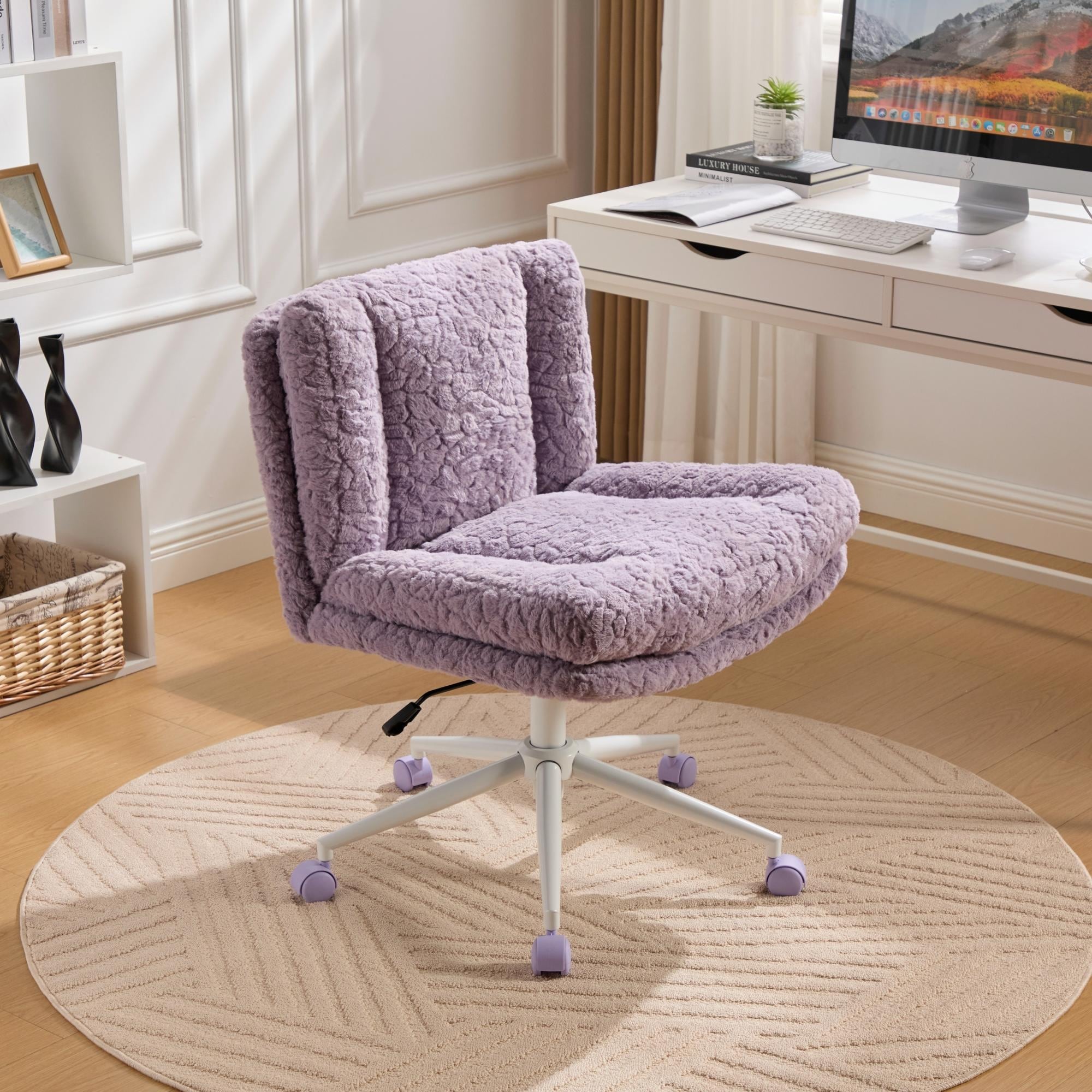 Vanity Chair With White Faux Fur Desk Chair Roomfitters Wide Faux Fur Office Chair, Adjustable Swivel Desk Chair With  White Metal Base, Cozy Upholstered Vanity Chair