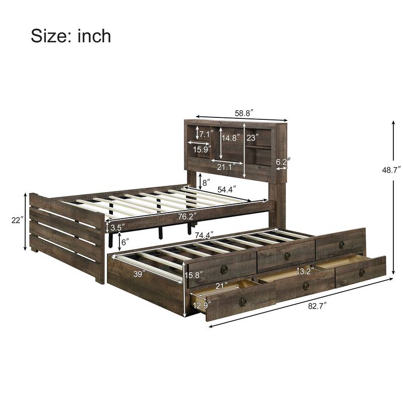 Farmhouse Style Full Size Bookcase Captain Platform Bed with Three