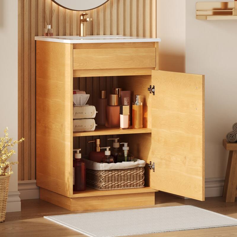 Roomfitters 20" Bathroom Vanity with Ceramic Sink, Freestanding Vanity Cabinet with Soft-Closing Door, Natural Wood Finish - Natural Wood