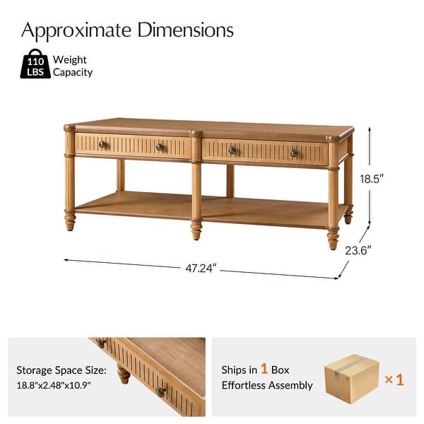 dimension image slide 1 of 3, HULALA HOME Derk Transitional 47"W Spindle Fluted Rectangular Storage Coffee Table with Solid Wood Drawers