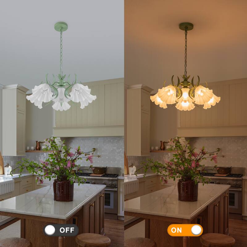 Botanical Green Chandelier with Floral Frosted Glass Shades