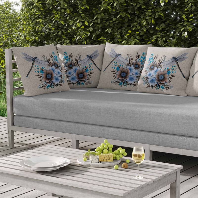 Dragonfly Haven Indoor/Outdoor Reversible Throw Pillow Beige and Cyan