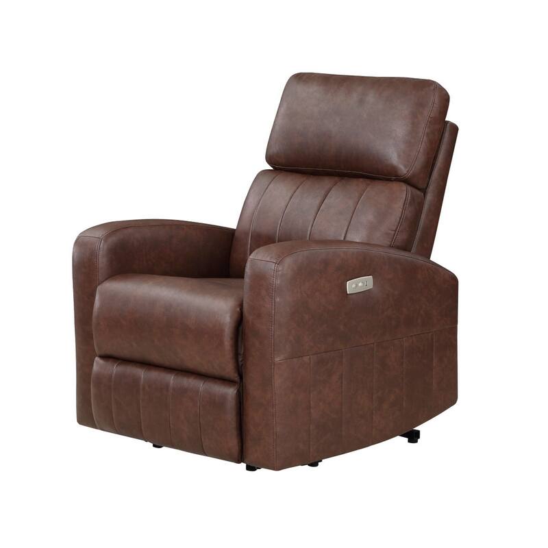 Eva 38 Inch Power Lift Recliner Chair, Brown Faux Leather, Solid Wood