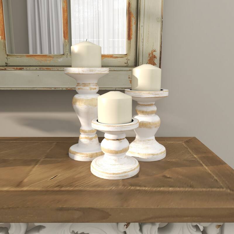 Brown or White Wood Beaded Pillar Candle Holder (Set of 3)