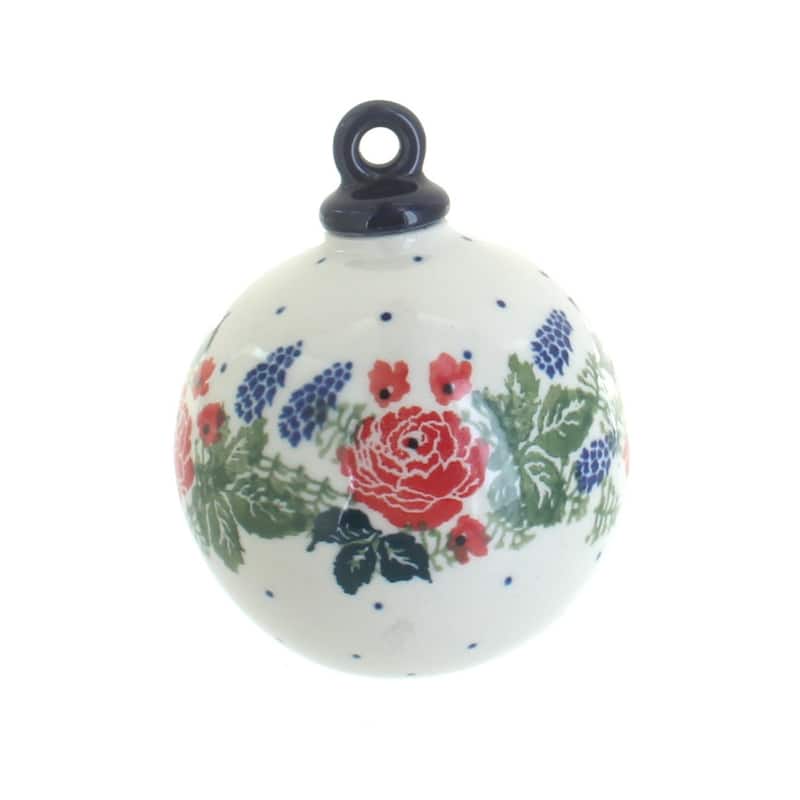 Blue Rose Polish Pottery 186 Ceramika Artystyczna Large Round Christmas Ornament - Winter Floral