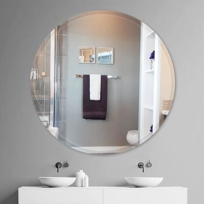 24 Inch Round Frameless Bathroom Mirror, Beveled Round Mirror, Circle Vanity Mirror with 1" Beveled Edge for Bathroom