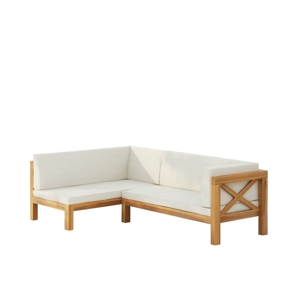 Roomfitters Outdoor Sectional Sofa Right Corner Bench with X-Back Acacia Wood Frame and Cushions