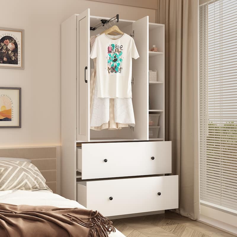 Wardrobe Closet Armoire wi/Mirror & Scalable Hanging Rod Space Saving