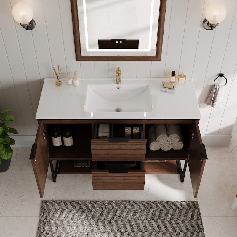 47'' Single Bathroom Vanities with White Stone Top, Brown Solid Wood