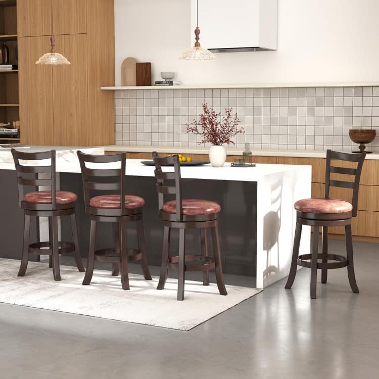 Set of 2 Cappuccino Rubber Wood MDF Swivel Bar Stools with Faux Leather and Footrest