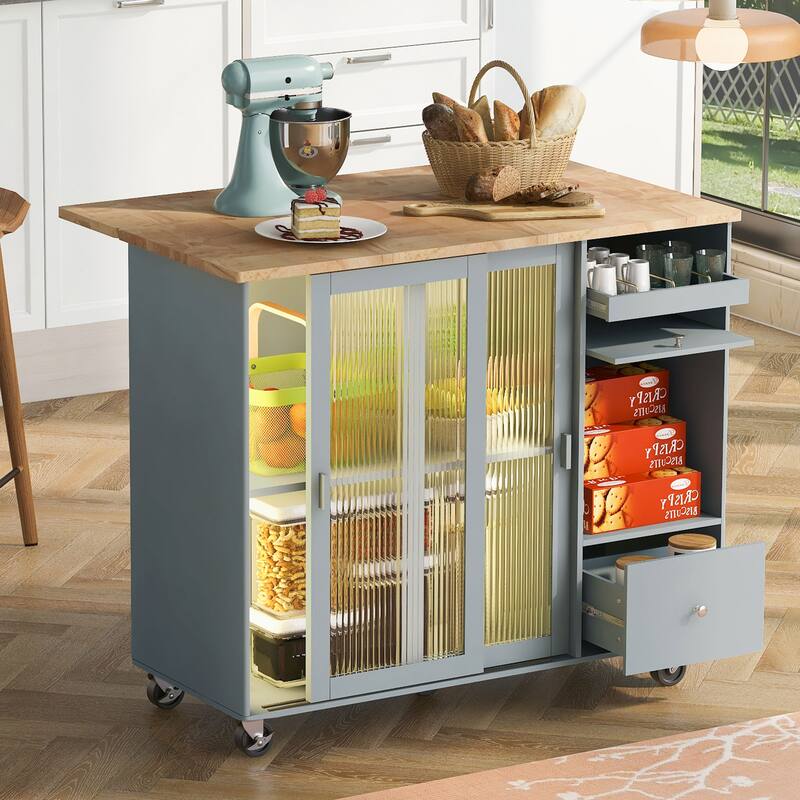 Rolling Kitchen Cart with LED Light, Fluted Glass Doors, Drop Leaf Top, and Adjustable Storage (White) - Grey