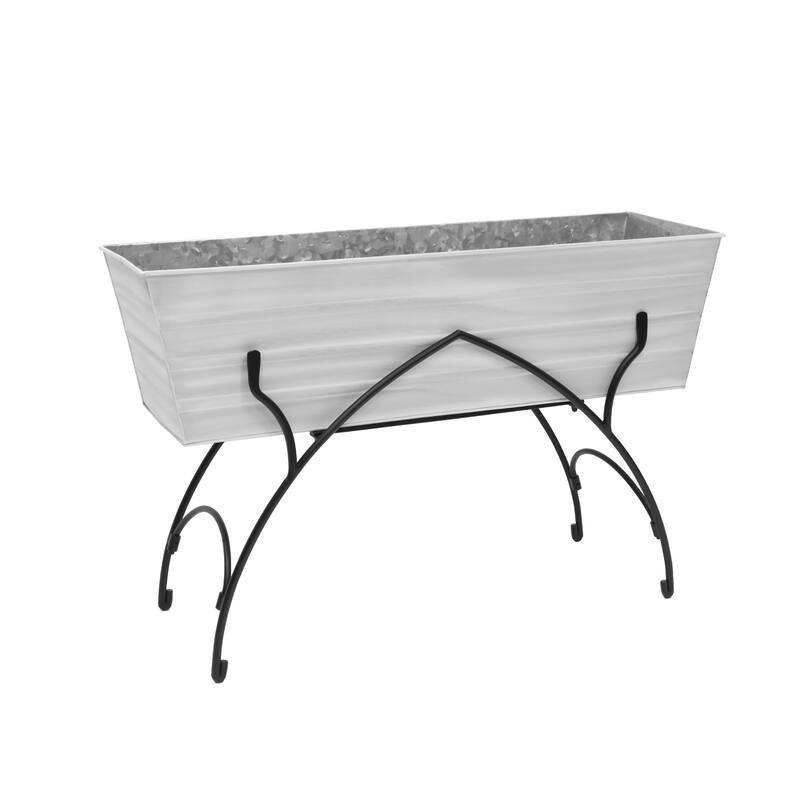 Achla Designs 35.25"L Rectangular Galvanized Steel Indoor Outdoor Large Flower Box w/Black Wrought Iron Bella Stand - Cape Cod White, Black Powdercoat Finish