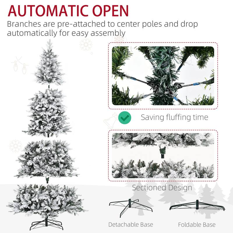 HOMCOM Snow Flocked Pine Artificial Christmas Tree - Realistic Cedar Branches, Auto Open, Green