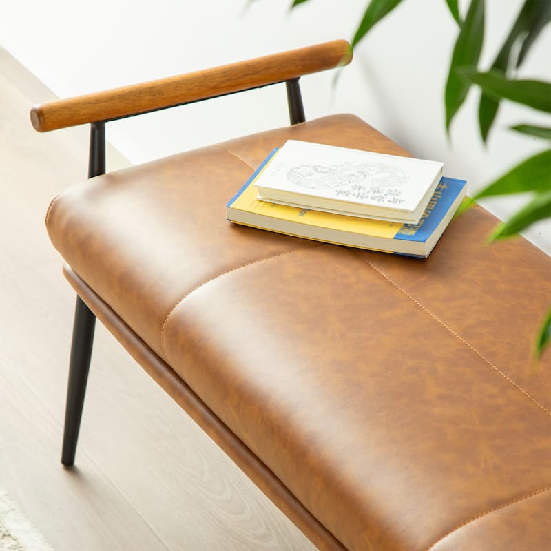 Glitzhome 48.5"W Modern Upholstered Bench with Wooden Arms and Metal Legs