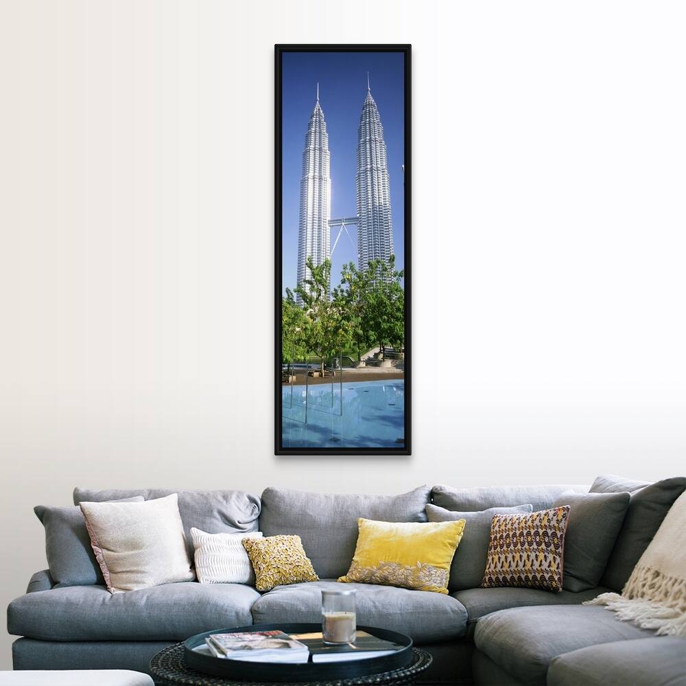 "Malaysia, Kuala Lumpur, View of Petronas Twin Towers" Black Float Frame Canvas Art
