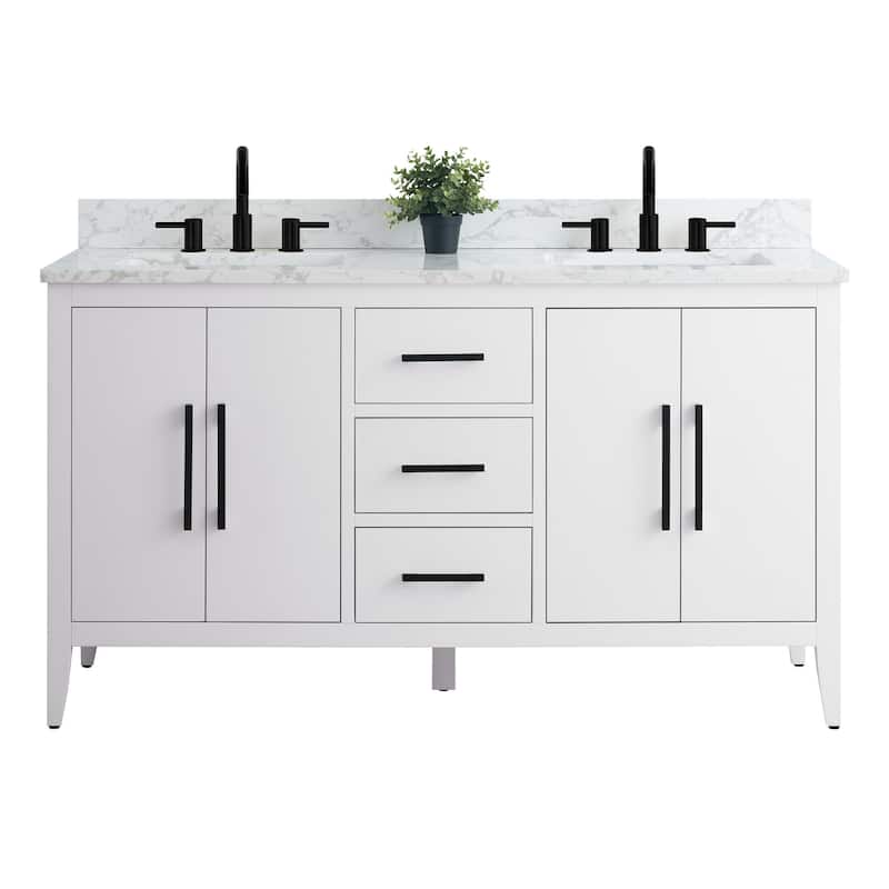 Vanity Art 60" Double Sink Bathroom Vanity Cabinet with Engineered Marble Top