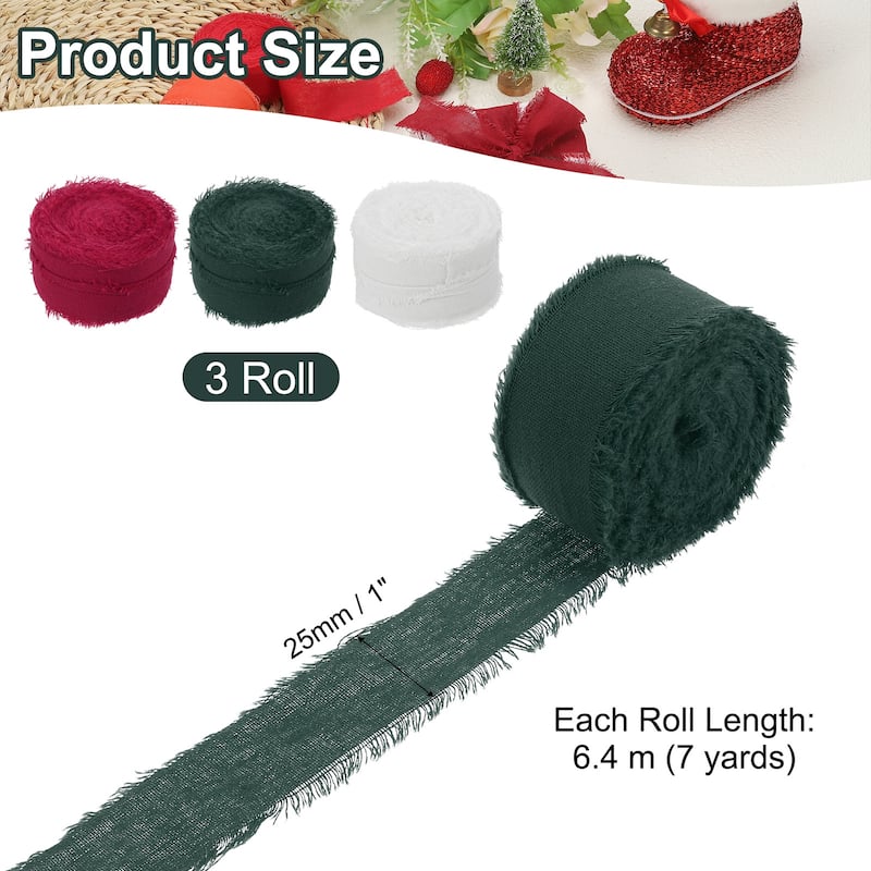 3Roll Cotton Handmade Fringe Ribbon 1"x21Yd Frayed Fringe Ribbons - 7Yd - Dark Green/Burgundy/White