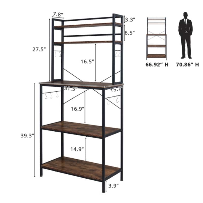 5-Tier Kitchen Bakers Rack with 10 S-Shaped Hooks, Industrial Microwave Oven Stand, Cart Storage Shelf Organizer