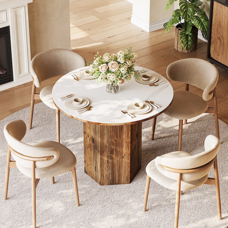 31.5" Round Small Dining Table with Sintered Stone Tabletop and Solid Wood Base - 31.5" D x 31.5" W x 29.5" H