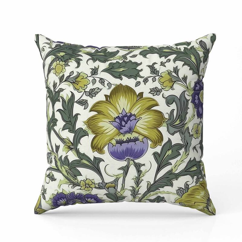 Mughal Era Garden Treasures Indoor/Outdoor Reversible Throw Pillow Mossgreen and Purple