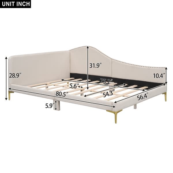 dimension image slide 2 of 3, Upholstered Daybed with Nailhead Trim, L Shaped Linen Fabric Sofa Bed Frame with Backrest and Armrest, Gold Metal Legs