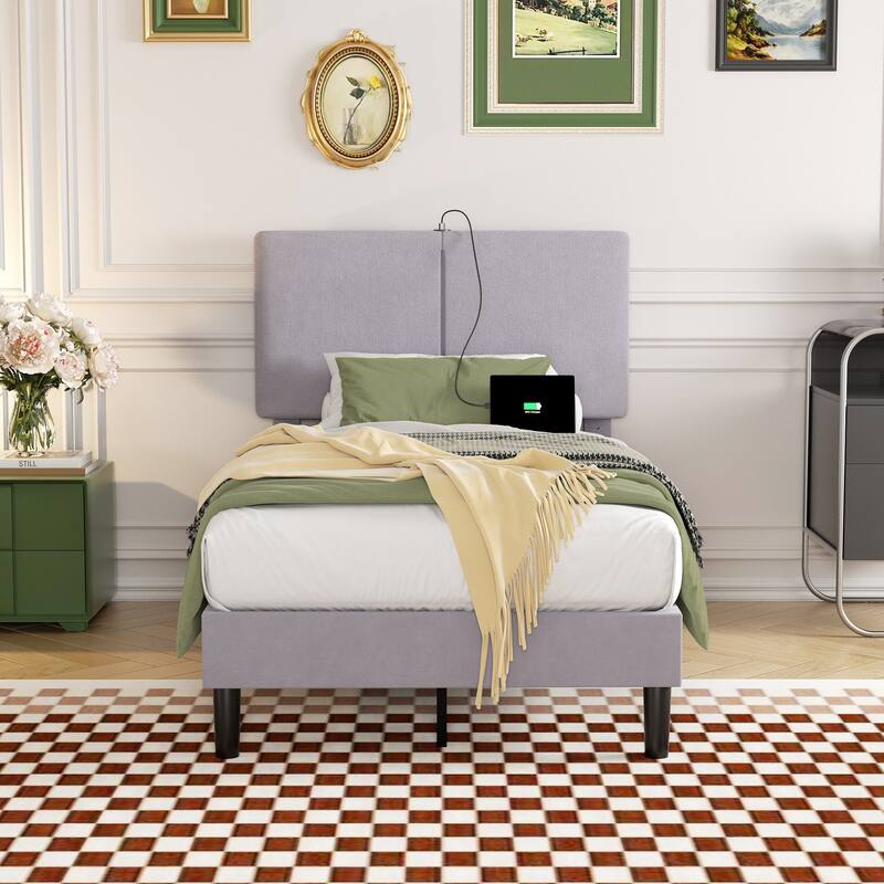 VECELO Adjustable Upholstered Split Headboard Bed Frame with Charging Station USB Port Type C No Box Spring Needed Noiseless Bed