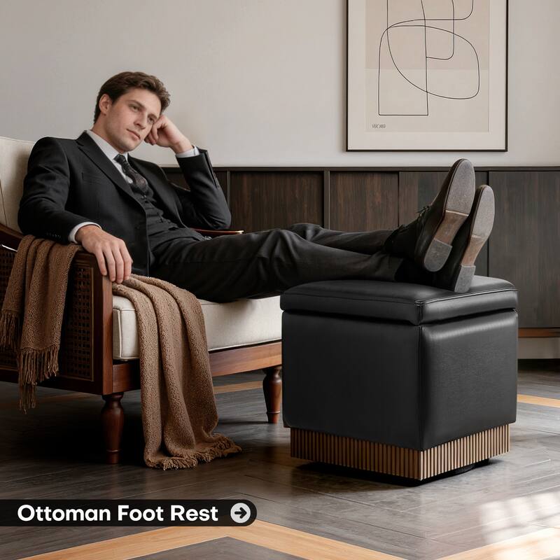 Swivel Storage Ottoman Bench Footstool with Flip-top and Acacia Frame