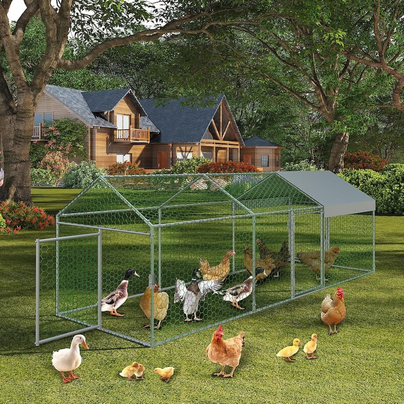 3 Doors Outdoor Large Metal Chicken Coop with Waterproof Anti-UV Cover for Rabbit Duck - Silver
