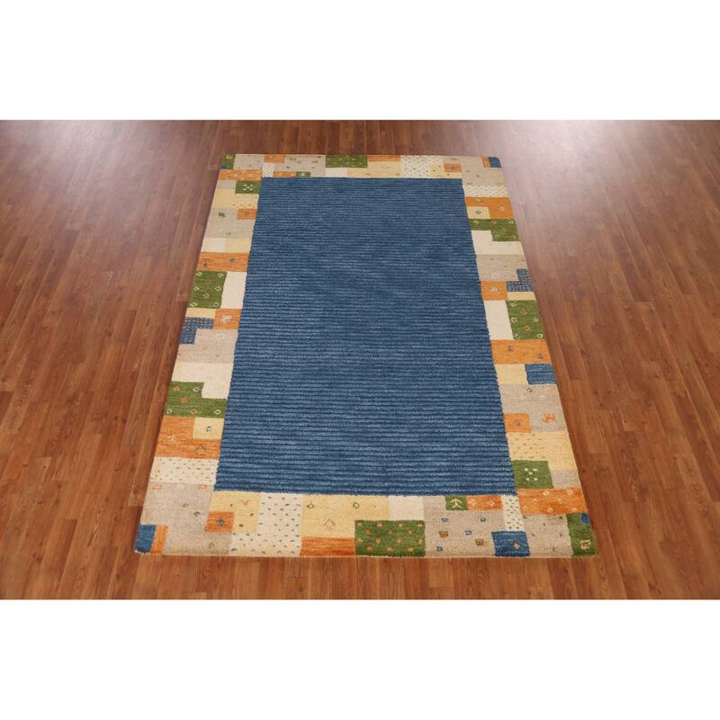 Blue Geometric Gabbeh Indian Area Rug Handmade Border Wool Carpet - 5'3" x 7'7"