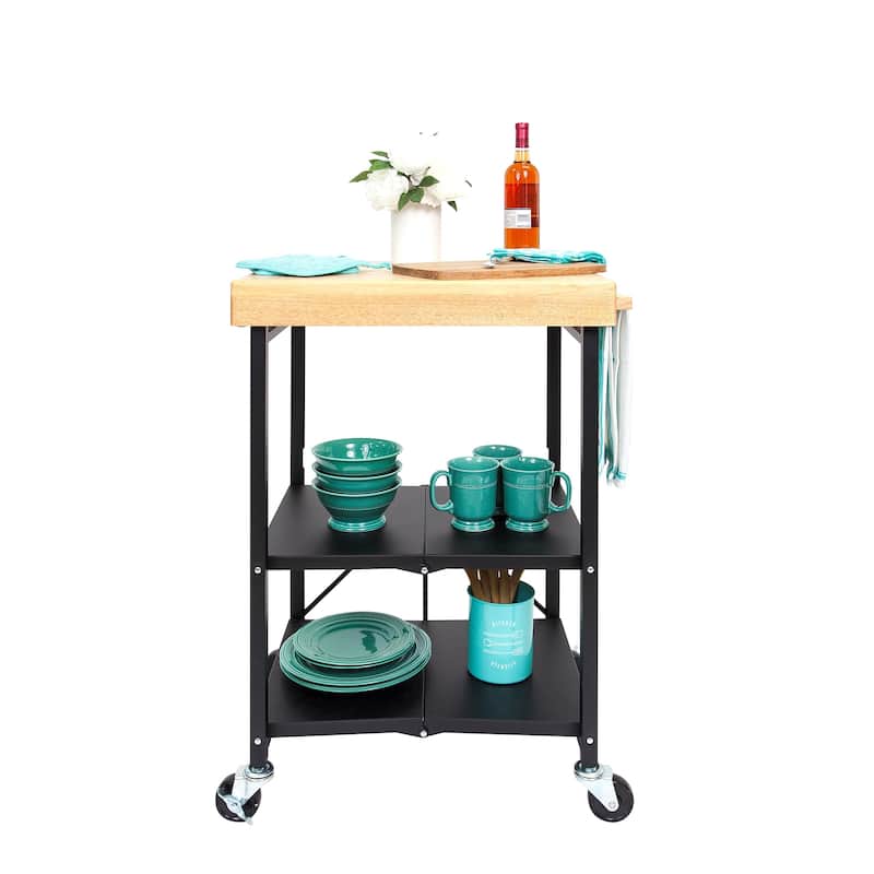 Origami Foldable Wheeled Portable Solid Wood Top Kitchen Island Bar Cart, Black