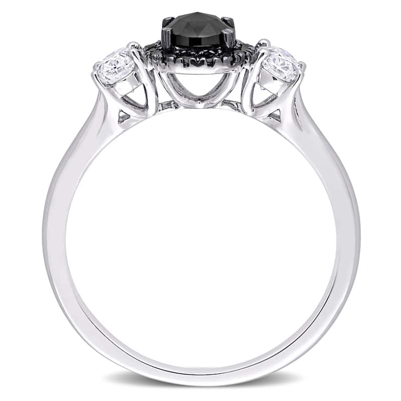 Miadora 10k White Gold 3/5ct TDW Black Diamond & Created Moissanite 3-Stone Halo Engagement Ring