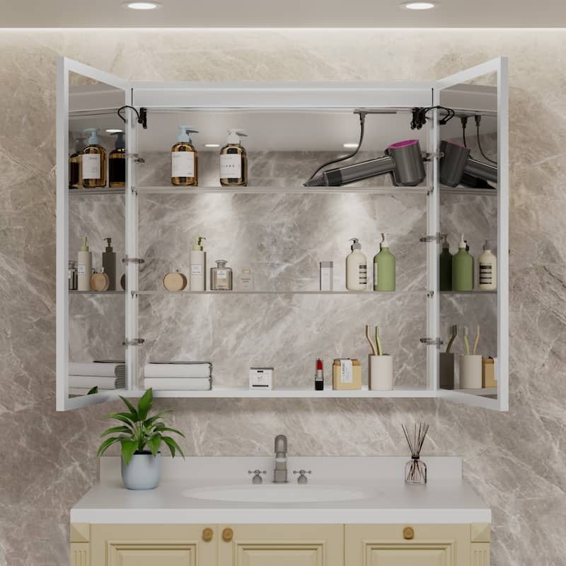 Rail Aluminum Recessed/Surface Mount Bathroom Medicine Cabinet with Mirror, Adjustable Brightness, Defogging & USB Port