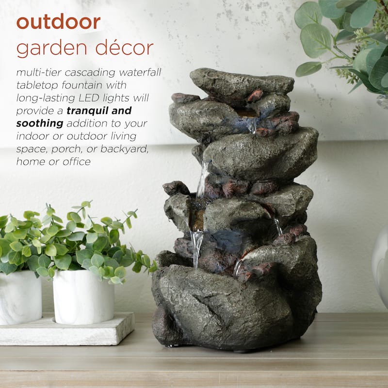 Alpine Corporation 14" Tall Indoor/Outdoor Tiering Rainforest Rock Waterfall Tabletop Fountain with LED Lights