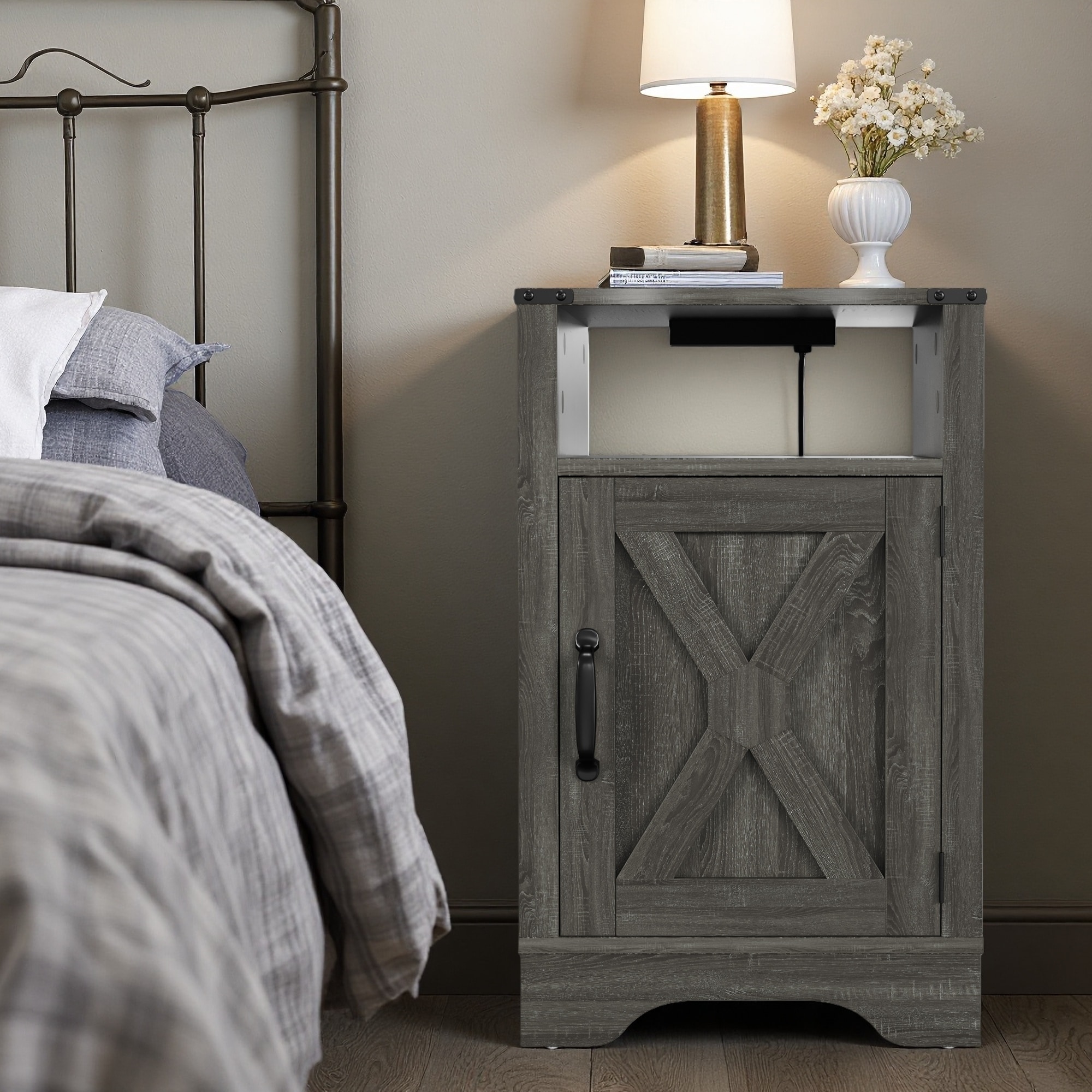 15.75"L Wooden Farmhouse Nightstand with Built-In Charging Station, Rustic End Table with USB Ports and Ample Storage