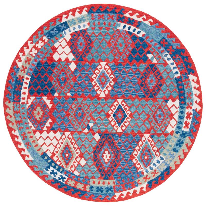 SAFAVIEH Handmade Aspen Jolies Boho Wool Rug - 7' Round - Red/Blue
