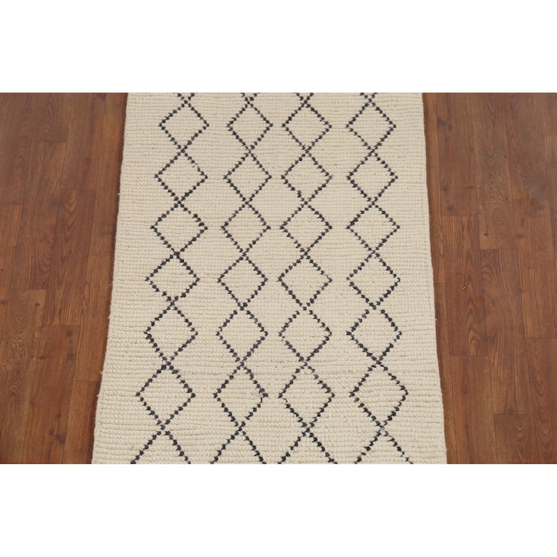 Ivory Trellis Moroccan Modern Runner Rug Handmade Wool Carpet - 2'5"x 12'7"