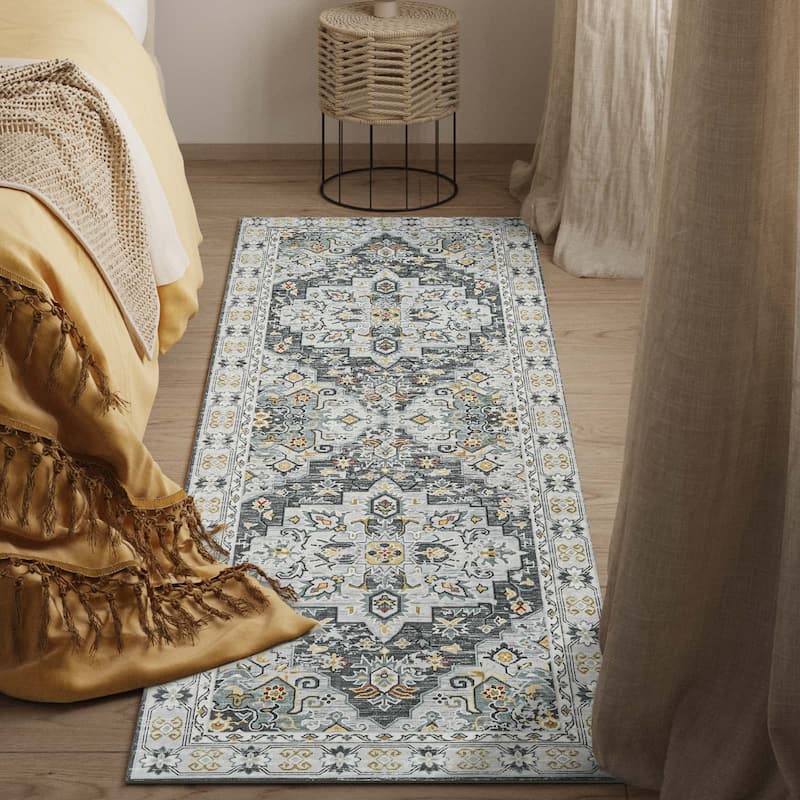 Non-Slip Machine Washable Grey Yellow Cream Multicolor Area Rug