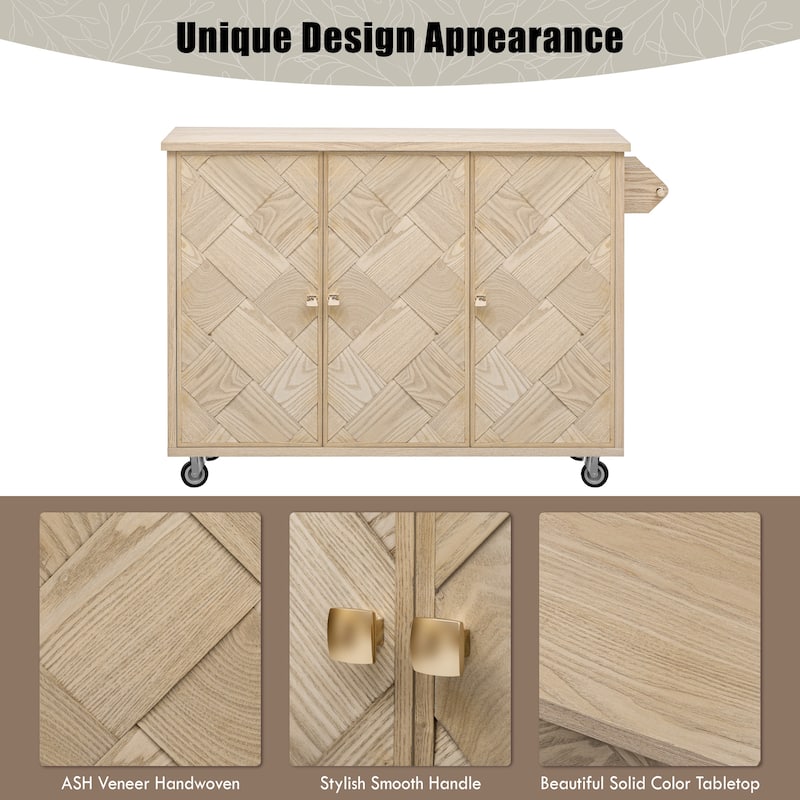 51.2"W Ash Veneer (Not Cheap Paper) Solid Wood Handwoven Kitchen Island with Drop Leaf, Coastal Kitchen Island on Wheels