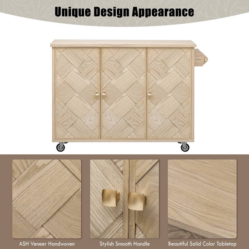 Rolling Kitchen Island with Drop Leaf, Ash Veneer Handwoven Doors, Internal Storage Rack, and Wheels - 51.2" Coastal Design