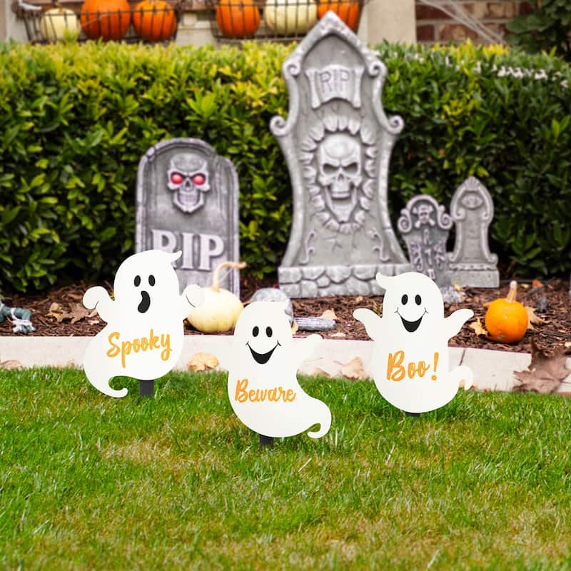 Glitzhome Halloween LED Ghost Cat Pumpkin Nutcracker Yard Stakes Standing Sign Hanging Decor