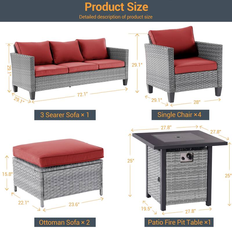 Livoosun 8 Pieces Patio Sofa with 28'' Fire Table Set, PE Wicker, Wide Armrests High Back Sofa Chair Design for Lawn, Patio