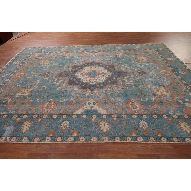 Distressed Blue Tabriz Persian Rug Handmade Wool Carpet - 8'1" x 10'11"