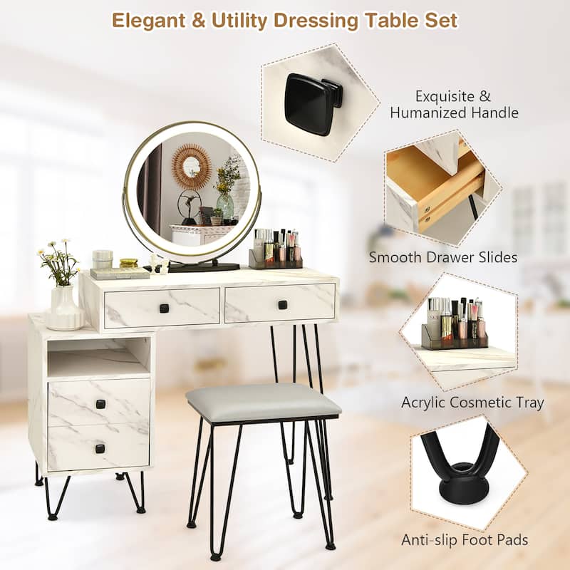 Costway Vanity Table Stool Set Dimmer LED Mirror Large Storage Cabinet - See details