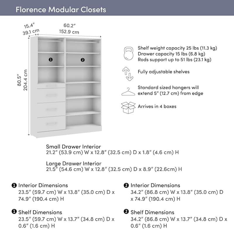 Bestar Florence 61W x 16D Closet System with Drawers, Slab