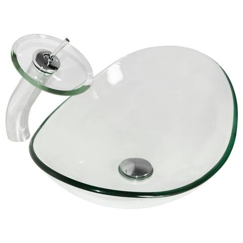 Bathroom Clear Glass Vessel Sink Oval Waterfall Faucet & Pop-up Drain