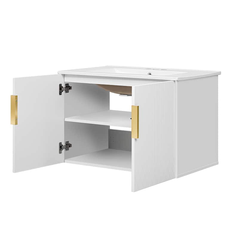 30" Wall-Mount Bathroom Vanity with Ceramic Sink, Floating Bathroom Storage Cabinet Wall Cabinet - 30 Inch