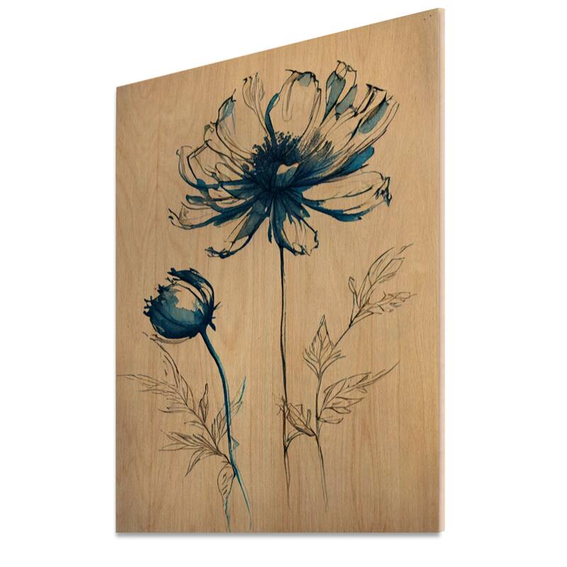 Designart 'Indigo Flower Blossoming II' Floral Wood Wall Art - Natural Pine Wood