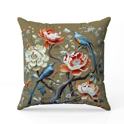 Botanical Bird Ensemble Indoor/Outdoor Reversible Throw Pillow Blue and Orange