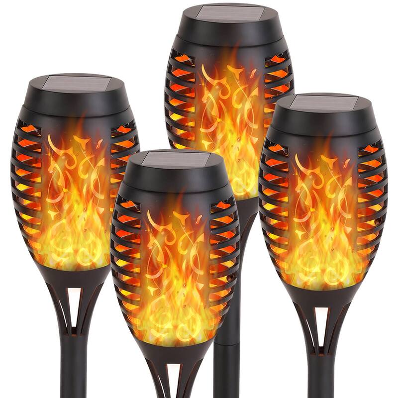 Mini Solar Torches Lights with Flickering Flame Outdoor Waterproof for Pathway - 4 Pack - Yellow